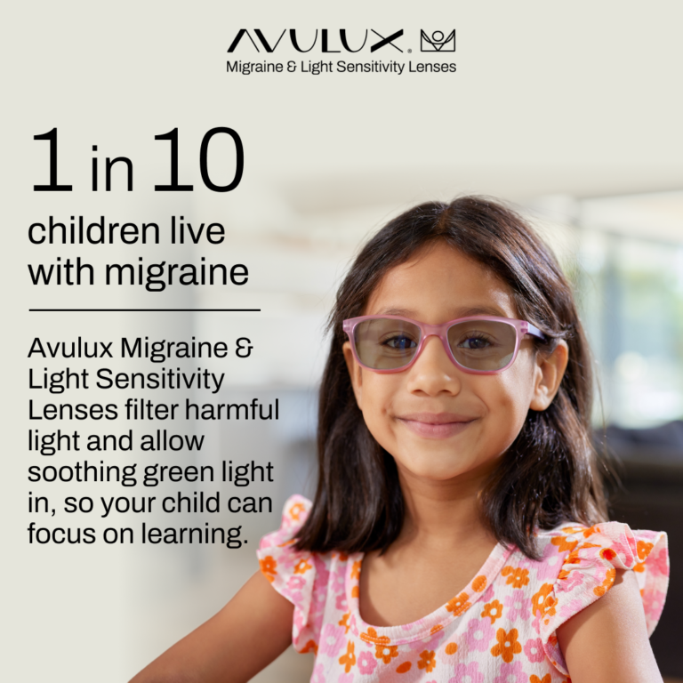 child wearing avulux migraine glasses at school