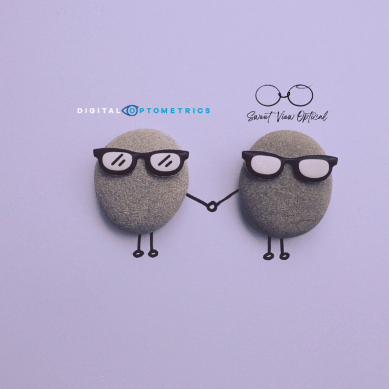 Two rocks wearing glasses holding hands at Sweet View Optical in Sugar Hill