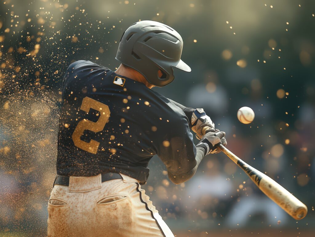 Baseball player in a dark navy jersey and white pants hitting a ball with force on a sunny day, dirt stains visible on his uniform