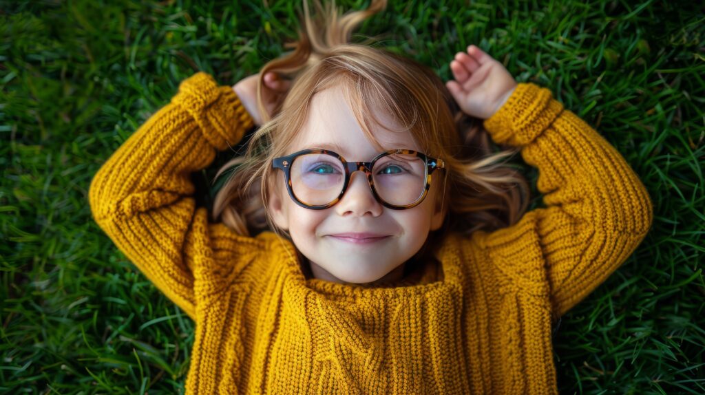 oung girl in a yellow sweater lying in green grass, wearing glasses and smiling brightly in a cheerful, outdoor setting