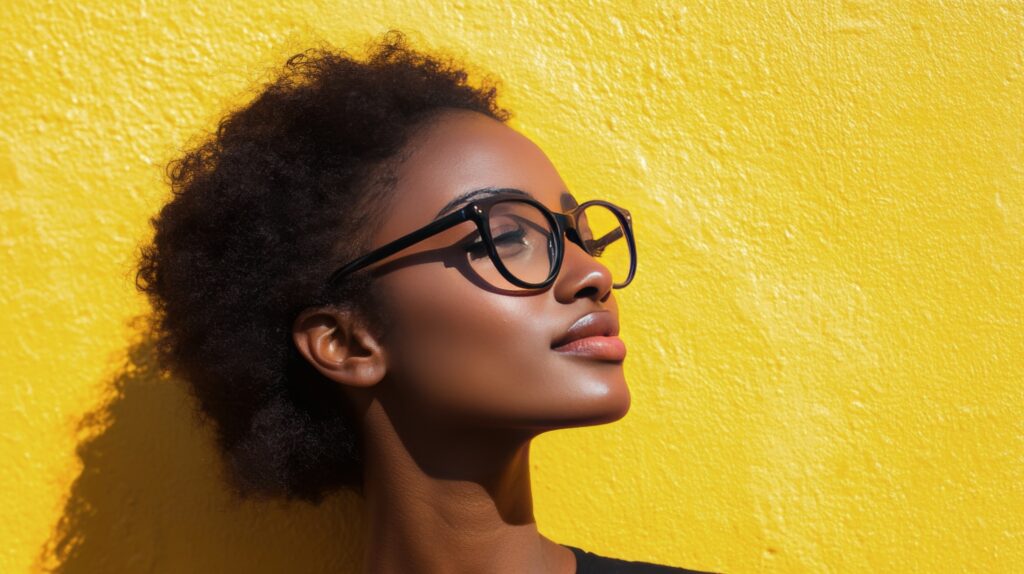 young-woman-with-curly-hair-poses-against-bright-yellow-wall-while-wearing-stylish-glasse