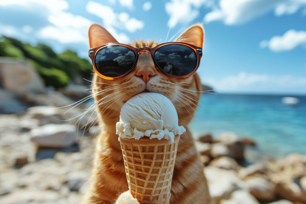 Orange tabby cat wearing red-rimmed sunglasses enjoying an ice cream cone on a sunny day