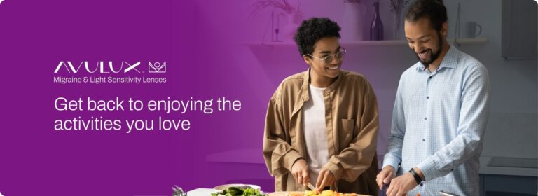 Bright, hopeful hero graphic featuring Avulux migraine solution text overlay beside elegant titanium frames