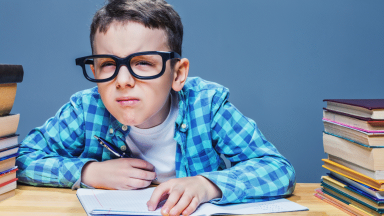 Child wearing glasses while squinting at school
