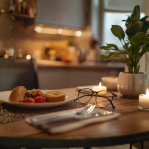 A warmly lit kitchen with a prepared meal and styled table setting